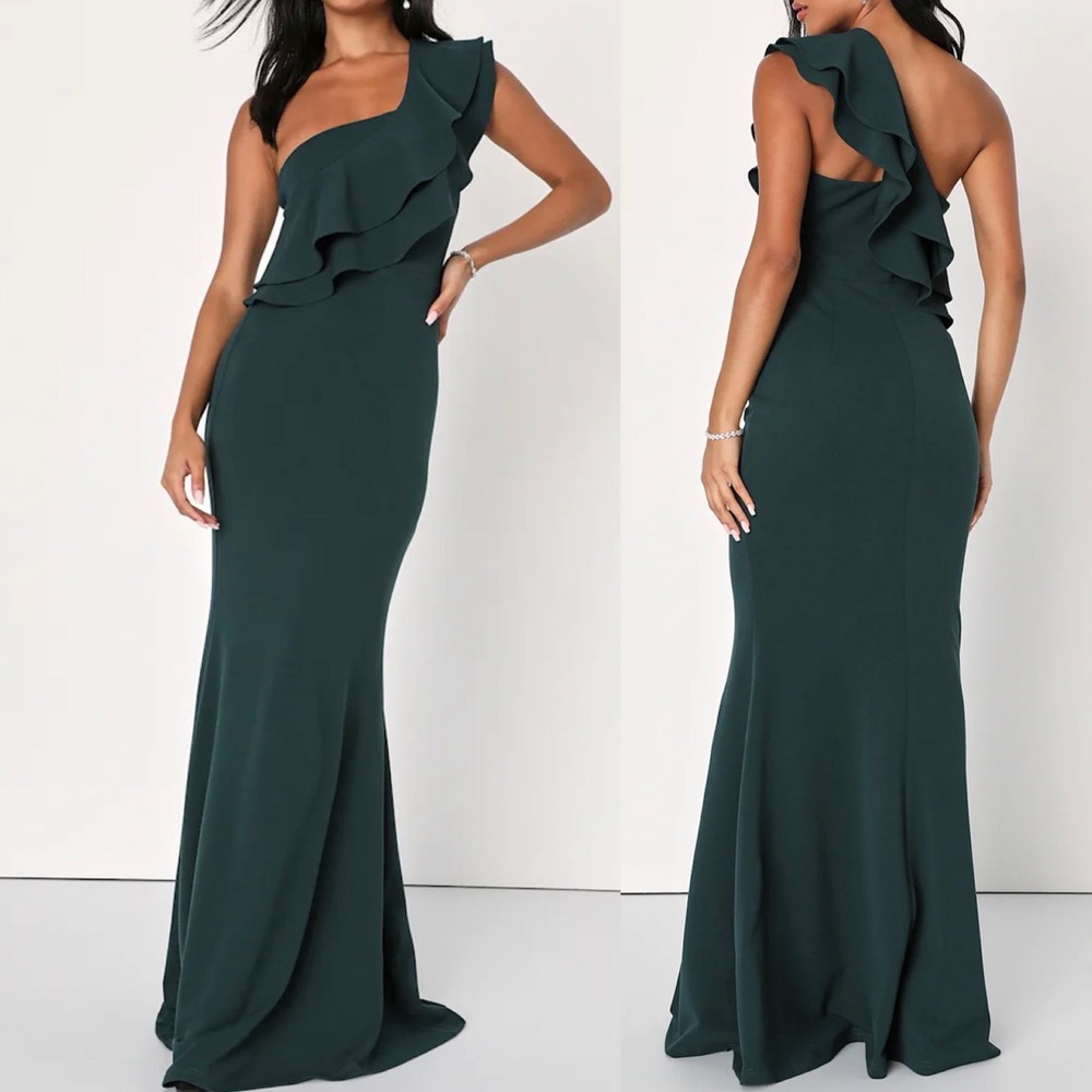 NWT Lulus SZ Large Grand Beauty Emerald Ruffled One-Shoulder Mermaid Maxi Dress